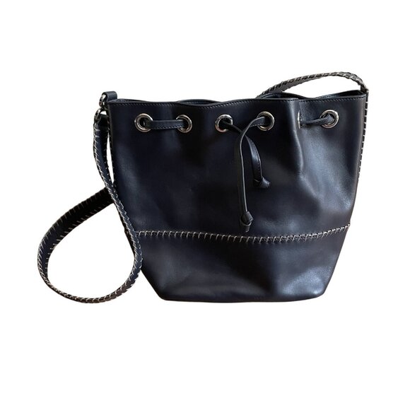 Brooks Brothers Navy Blue Genuine Leather Whipstitch Drawstring Bucket Bag Purse - Picture 1 of 12